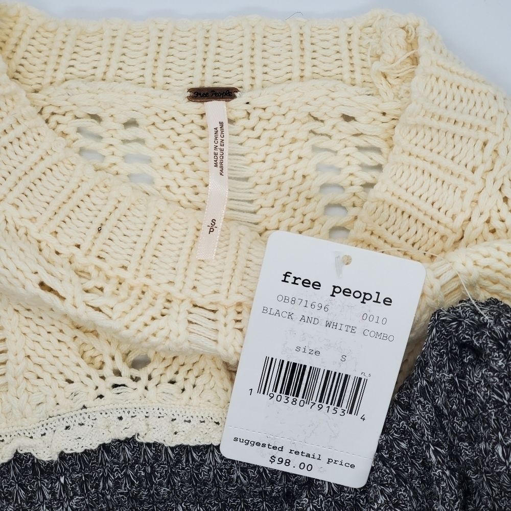 Free People Grey & White Crochet Lace Neck Knit Sweater - Picture 5 of 6